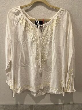 Cynthia Rowley White Embroidered Tie-Front Peasant Blouse size 2X